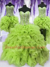 Four Piece Floor Length Yellow Green Ball Gown Prom Dress Organza Sleeveless Beading and Ruffles