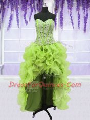 Four Piece Floor Length Yellow Green Ball Gown Prom Dress Organza Sleeveless Beading and Ruffles