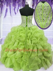 Four Piece Floor Length Yellow Green Ball Gown Prom Dress Organza Sleeveless Beading and Ruffles