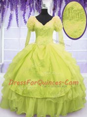 Colorful Yellow Green Ball Gowns V-neck Sleeveless Organza Floor Length Lace Up Beading and Embroidery and Ruffles 15th Birthday Dress