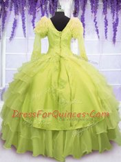 Colorful Yellow Green Ball Gowns V-neck Sleeveless Organza Floor Length Lace Up Beading and Embroidery and Ruffles 15th Birthday Dress