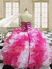 Pink And White Ball Gowns Organza Sweetheart Sleeveless Beading and Ruffles Floor Length Lace Up Quince Ball Gowns