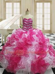 Pink And White Ball Gowns Organza Sweetheart Sleeveless Beading and Ruffles Floor Length Lace Up Quince Ball Gowns