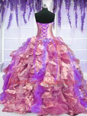 Four Piece Strapless Sleeveless Organza Sweet 16 Dresses Embroidery and Ruffles Lace Up