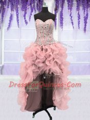 Comfortable Four Piece Sequins Floor Length Ball Gowns Sleeveless Pink Quinceanera Dress Lace Up