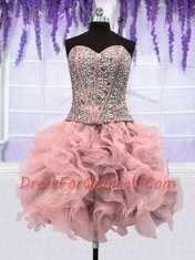 Comfortable Four Piece Sequins Floor Length Ball Gowns Sleeveless Pink Quinceanera Dress Lace Up