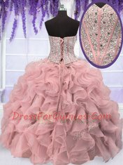 Comfortable Four Piece Sequins Floor Length Ball Gowns Sleeveless Pink Quinceanera Dress Lace Up