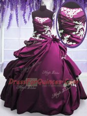 Discount Strapless Sleeveless Quinceanera Gowns Floor Length Appliques and Pick Ups Purple Taffeta