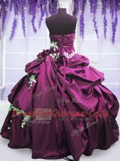 Discount Strapless Sleeveless Quinceanera Gowns Floor Length Appliques and Pick Ups Purple Taffeta