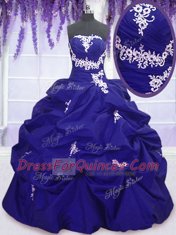 Strapless Sleeveless 15 Quinceanera Dress Floor Length Appliques and Pick Ups Royal Blue Taffeta