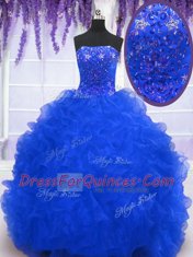 Strapless Sleeveless Organza 15 Quinceanera Dress Beading and Ruffles Brush Train Lace Up