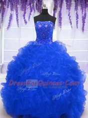 Strapless Sleeveless Organza 15 Quinceanera Dress Beading and Ruffles Brush Train Lace Up