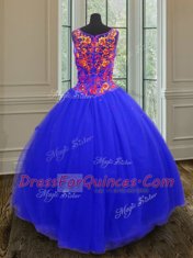 Flirting Royal Blue Tulle Zipper 15th Birthday Dress Sleeveless Floor Length Beading and Sequins