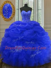 Floor Length Lace Up Sweet 16 Dresses Royal Blue for Military Ball and Sweet 16 and Quinceanera with Beading and Ruffles and Pick Ups