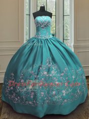 Extravagant Teal Strapless Neckline Embroidery Quince Ball Gowns Sleeveless Lace Up