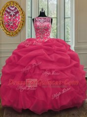 Scoop Floor Length Lace Up Quinceanera Dresses Coral Red for Military Ball and Sweet 16 and Quinceanera with Beading and Pick Ups