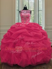 Scoop Floor Length Lace Up Quinceanera Dresses Coral Red for Military Ball and Sweet 16 and Quinceanera with Beading and Pick Ups