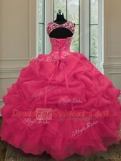 Scoop Floor Length Lace Up Quinceanera Dresses Coral Red for Military Ball and Sweet 16 and Quinceanera with Beading and Pick Ups