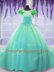 Attractive Scoop Short Sleeves Hand Made Flower Lace Up Quinceanera Dresses with Turquoise Court Train