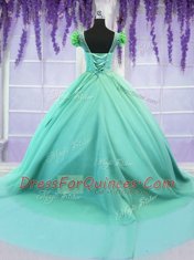 Attractive Scoop Short Sleeves Hand Made Flower Lace Up Quinceanera Dresses with Turquoise Court Train