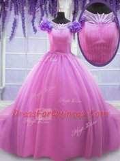 Stylish Rose Pink Ball Gowns Tulle Scoop Short Sleeves Hand Made Flower Floor Length Lace Up Vestidos de Quinceanera