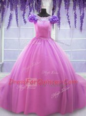 Stylish Rose Pink Ball Gowns Tulle Scoop Short Sleeves Hand Made Flower Floor Length Lace Up Vestidos de Quinceanera