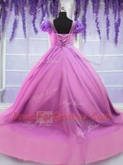 Stylish Rose Pink Ball Gowns Tulle Scoop Short Sleeves Hand Made Flower Floor Length Lace Up Vestidos de Quinceanera