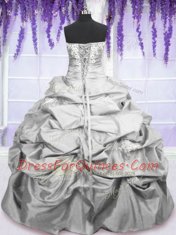 Silver Lace Up Strapless Embroidery and Pick Ups Sweet 16 Dresses Taffeta Sleeveless