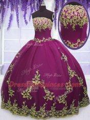 Fuchsia Tulle Zipper Strapless Sleeveless Floor Length Sweet 16 Quinceanera Dress Appliques