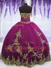 Fuchsia Tulle Zipper Strapless Sleeveless Floor Length Sweet 16 Quinceanera Dress Appliques
