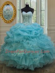 Low Price Baby Blue Organza Lace Up Sweetheart Sleeveless Floor Length Quinceanera Gowns Beading and Pick Ups