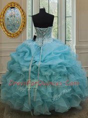 Low Price Baby Blue Organza Lace Up Sweetheart Sleeveless Floor Length Quinceanera Gowns Beading and Pick Ups