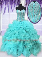 Aqua Blue Sweetheart Lace Up Beading and Ruffles Sweet 16 Dresses Sleeveless