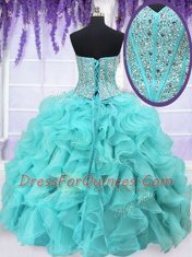 Aqua Blue Sweetheart Lace Up Beading and Ruffles Sweet 16 Dresses Sleeveless