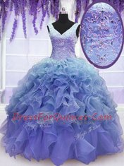 Purple Organza Lace Up Sweet 16 Dresses Sleeveless Floor Length Beading and Embroidery and Ruffles