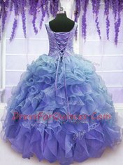 Purple Organza Lace Up Sweet 16 Dresses Sleeveless Floor Length Beading and Embroidery and Ruffles