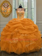 New Arrival Scoop Gold Organza Lace Up Quinceanera Dress Sleeveless Floor Length Beading and Pick Ups