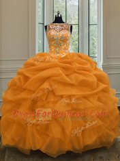New Arrival Scoop Gold Organza Lace Up Quinceanera Dress Sleeveless Floor Length Beading and Pick Ups