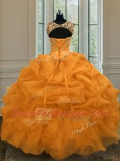 New Arrival Scoop Gold Organza Lace Up Quinceanera Dress Sleeveless Floor Length Beading and Pick Ups