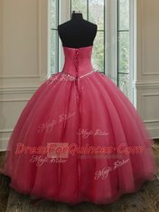 Beading and Ruching Ball Gown Prom Dress Pink Lace Up Sleeveless Floor Length