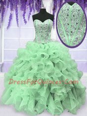 Apple Green Sleeveless Floor Length Beading and Ruffles Lace Up Quinceanera Dress