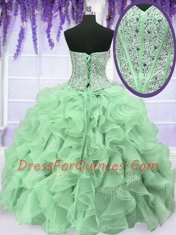 Apple Green Sleeveless Floor Length Beading and Ruffles Lace Up Quinceanera Dress