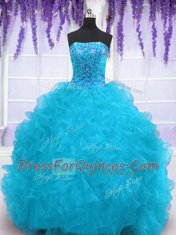 Beading and Ruffles Sweet 16 Quinceanera Dress Aqua Blue Lace Up Sleeveless With Brush Train