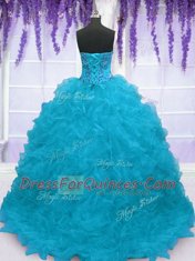 Beading and Ruffles Sweet 16 Quinceanera Dress Aqua Blue Lace Up Sleeveless With Brush Train