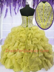 Classical Four Piece Floor Length Light Yellow Quinceanera Gown Organza Sleeveless Beading and Ruffles