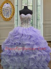 Lavender Quinceanera Gown Military Ball and Sweet 16 and Quinceanera and For with Beading and Ruffles Sweetheart Sleeveless Lace Up