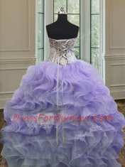 Lavender Quinceanera Gown Military Ball and Sweet 16 and Quinceanera and For with Beading and Ruffles Sweetheart Sleeveless Lace Up