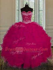 Deluxe Fuchsia Sleeveless Beading and Ruffles Floor Length Vestidos de Quinceanera