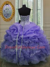 Lavender Ball Gowns Organza Sweetheart Sleeveless Beading and Ruffles and Pick Ups Floor Length Lace Up 15th Birthday Dress