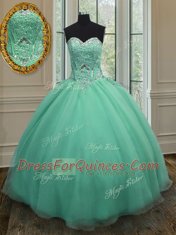 Custom Design Apple Green Ball Gowns Beading Quinceanera Gowns Lace Up Organza Sleeveless Floor Length